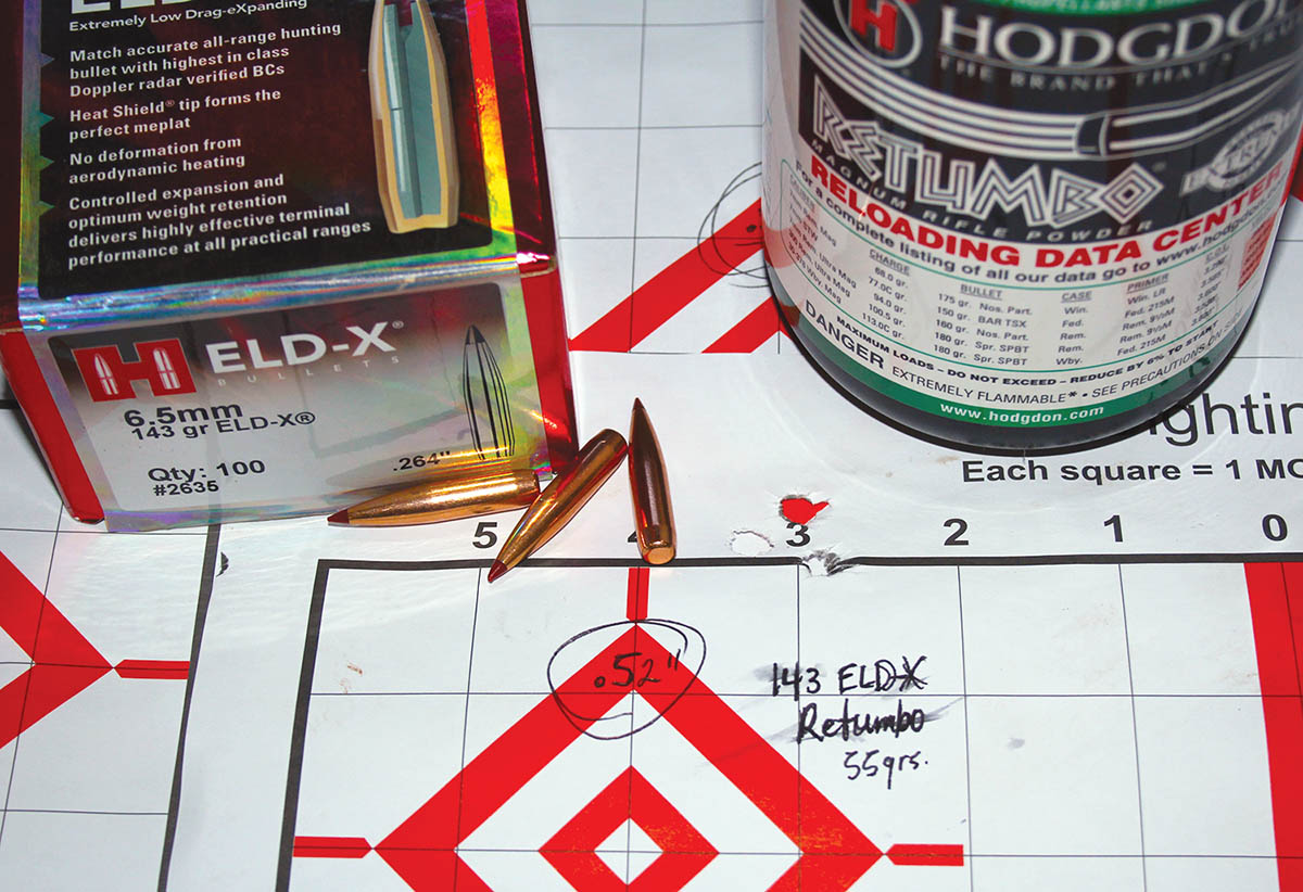 Hornady’s 143-grain ELD-X produced the best group of the test with 55 grains  of Hodgdon  Retumbo. That group measured close to 1⁄2-MOA and included a sizzling muzzle velocity of  3,001 fps.